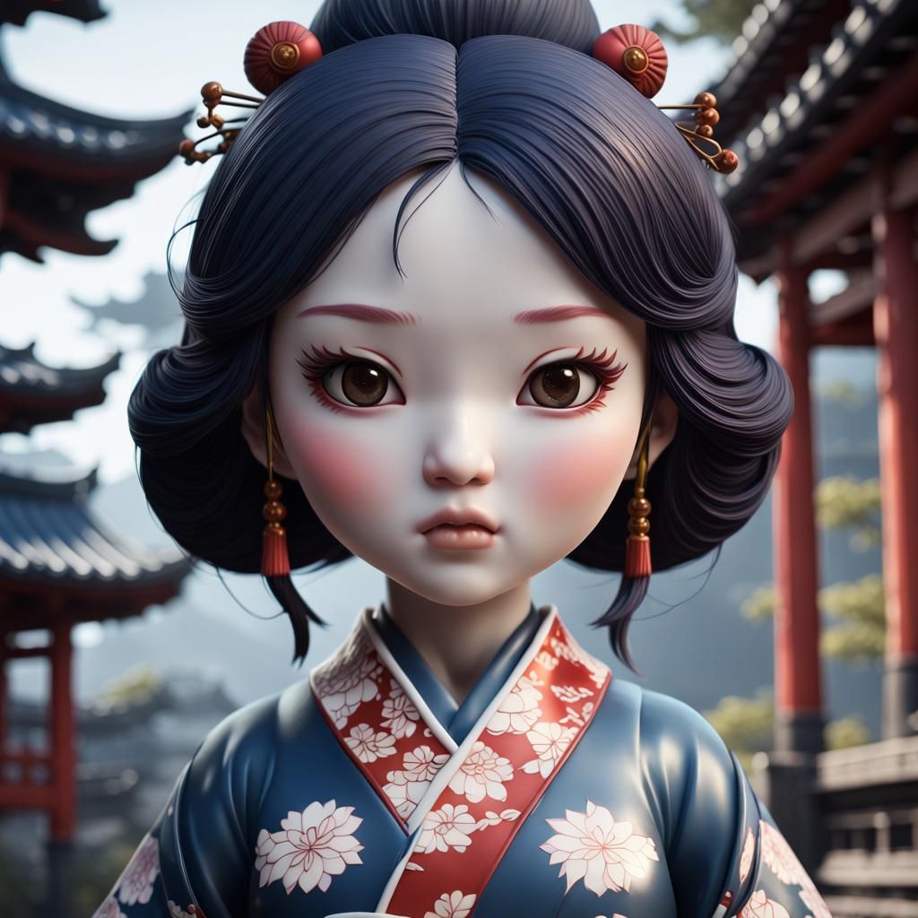 Mouthless Chibi Porcelain Doll in Detailed Matte Painting
