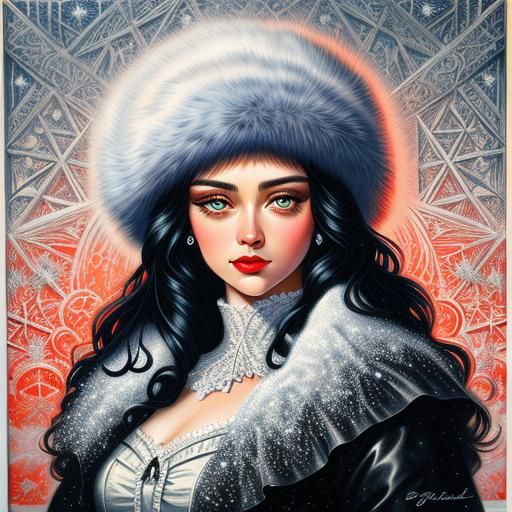 Serene Winter Pinup Girl with Intricately Detailed Snowflake...
