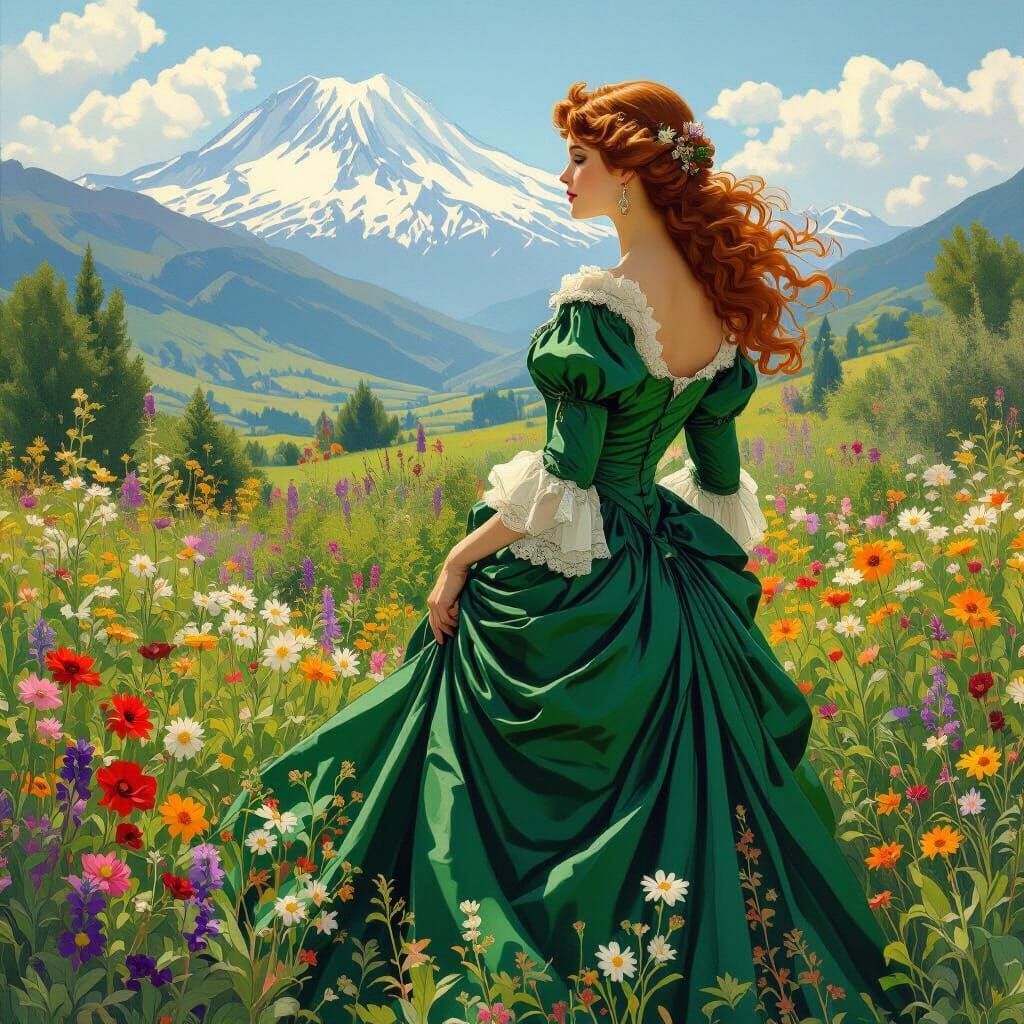 Lady in Herb Garden, Art Nouveau Style