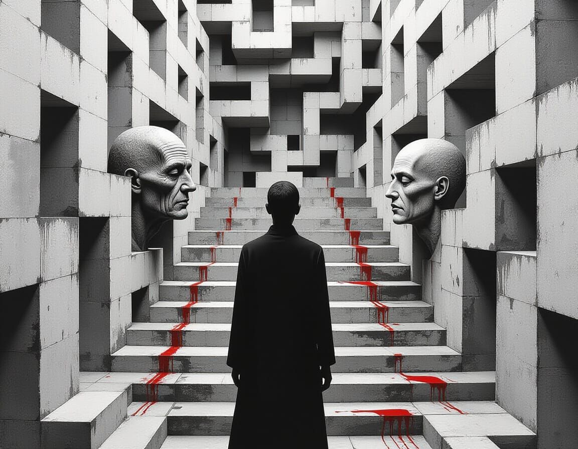Dual-Faced Figure in Brutalist Maze, Goya-Inspired Art