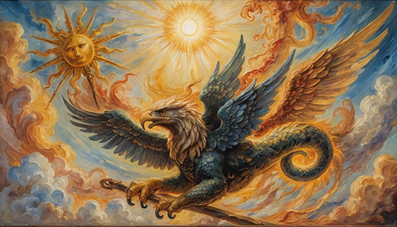 Divine Mythical Creature with Staff: Oil Painting