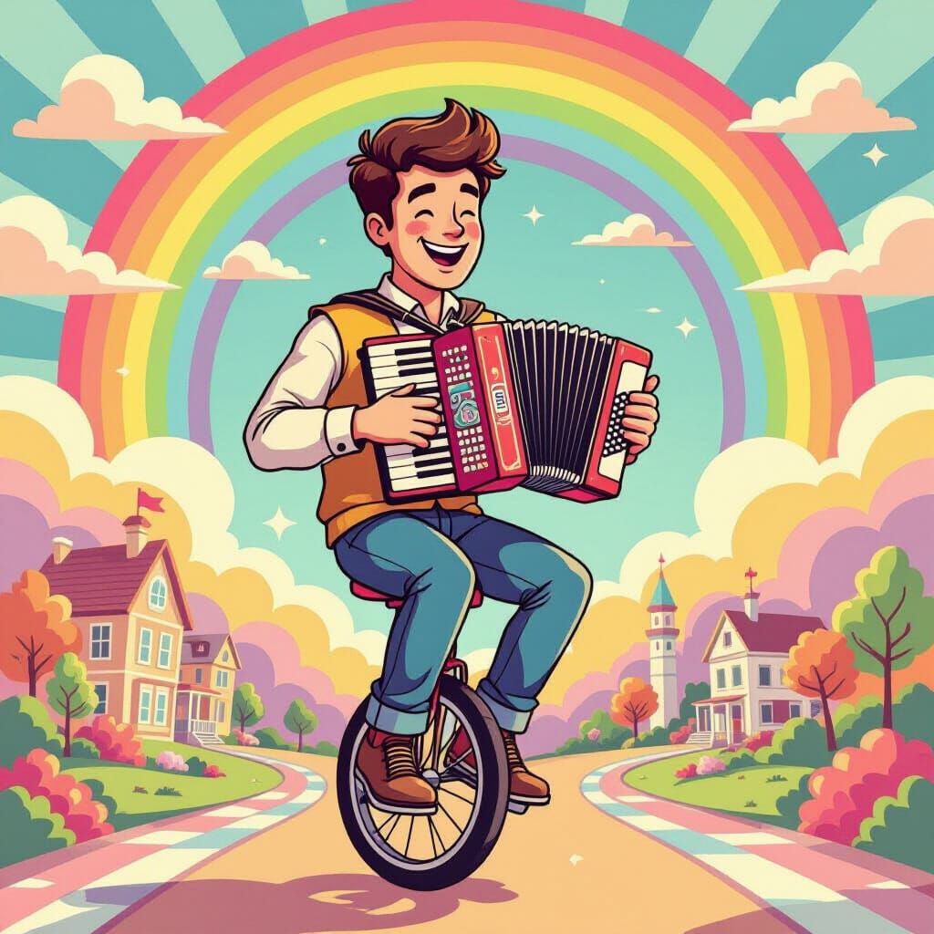 Whimsical Candy Art: Man on Unicycle with Concertina