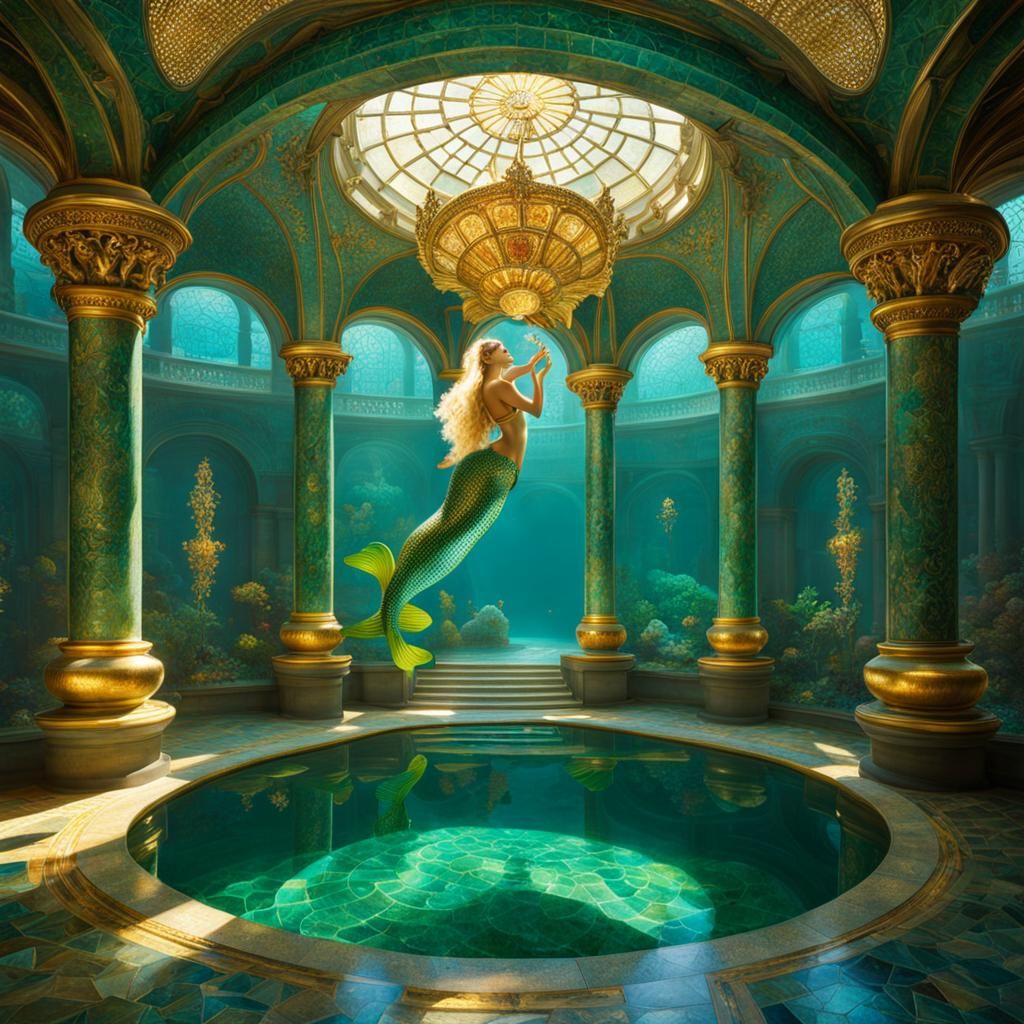 Atlantis Mermaid Mosaic in Art Nouveau Style