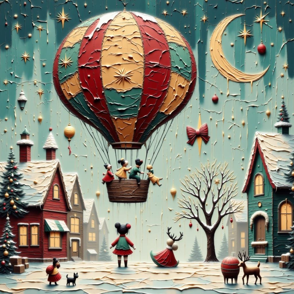 Whimsical Hot Air Balloon Over Knitted Town