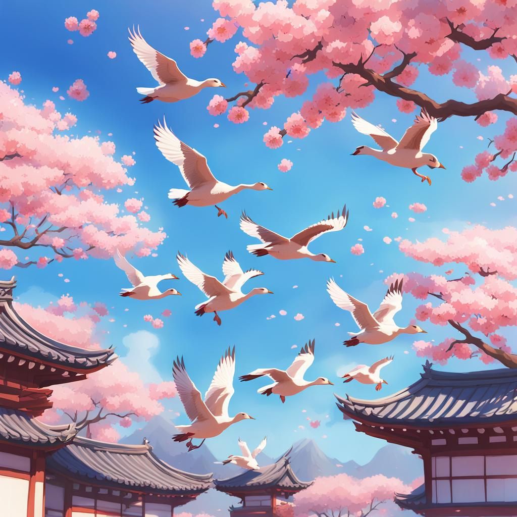 Geese in Flight Amidst Cherry Blossoms, Anime Style