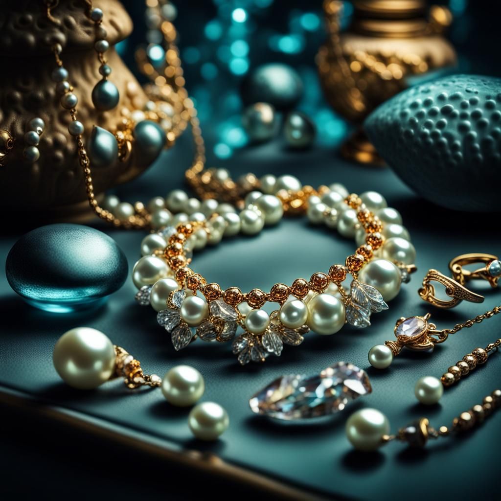 Gems and Jewelry in Glowing Aquarium, Hyperrealistic