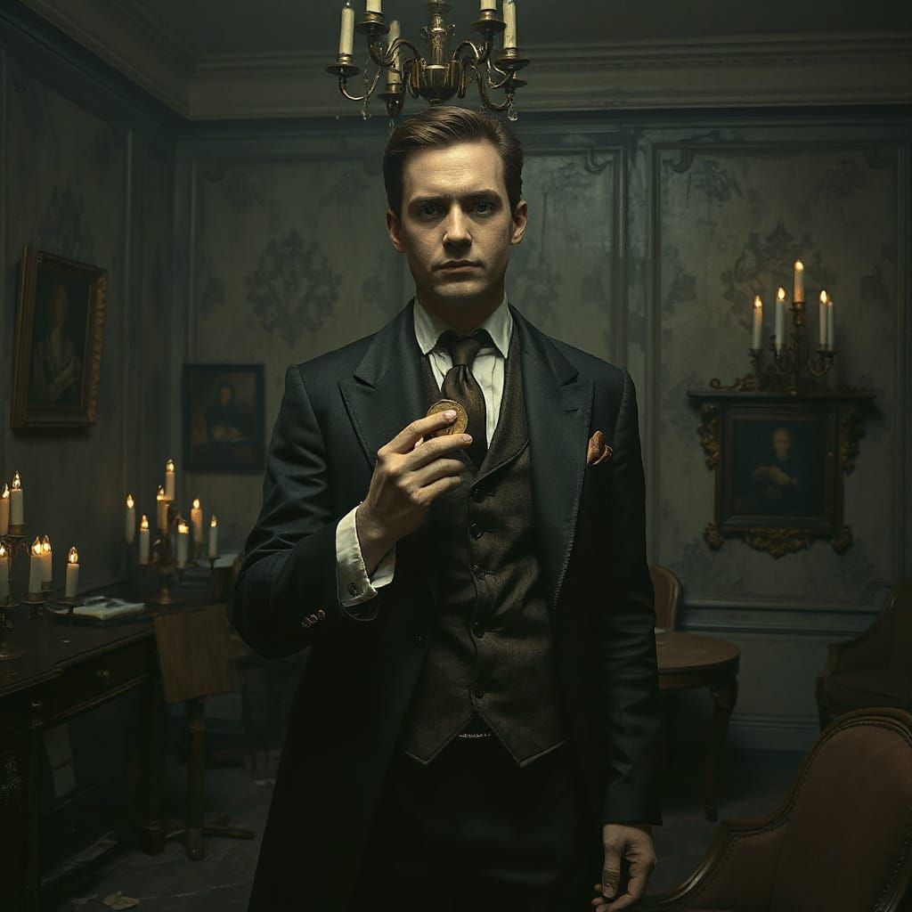 Baroque Figure with Golden Coin in Dystopian Setting