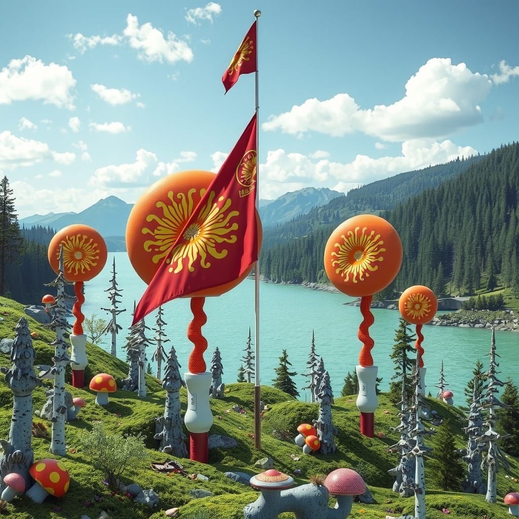 Surreal Futuristic Landscape with Giant Mushroom Flags and M...