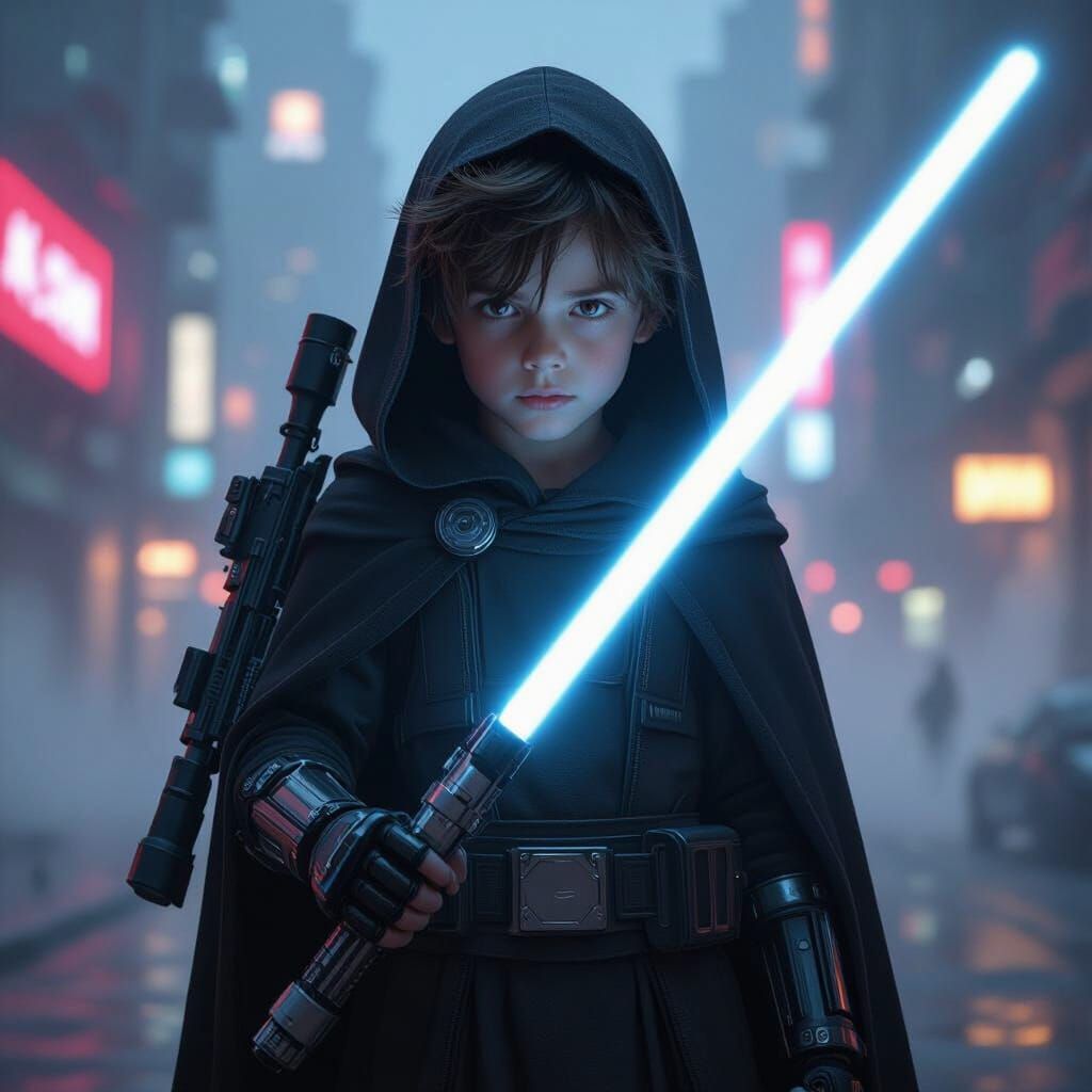 Sci-Fi Boy with Lightsaber and Sniper Rifle