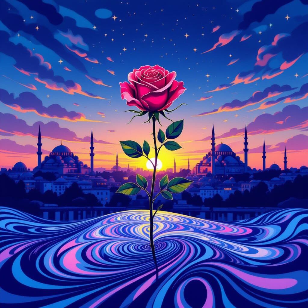 Rosebud Reaching for Twilight Sky Over Istanbul Mosques