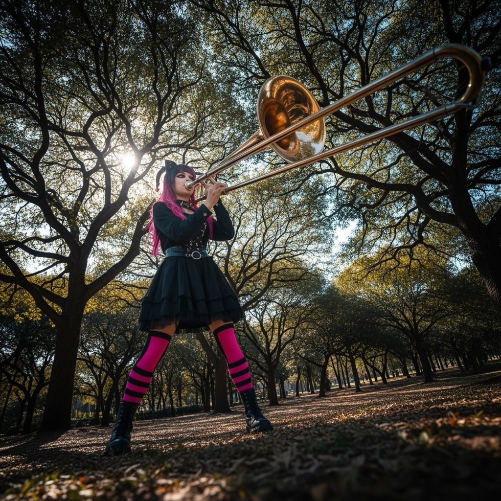 Goth Trombonist in Park, Cinematic Low-Angle Shot