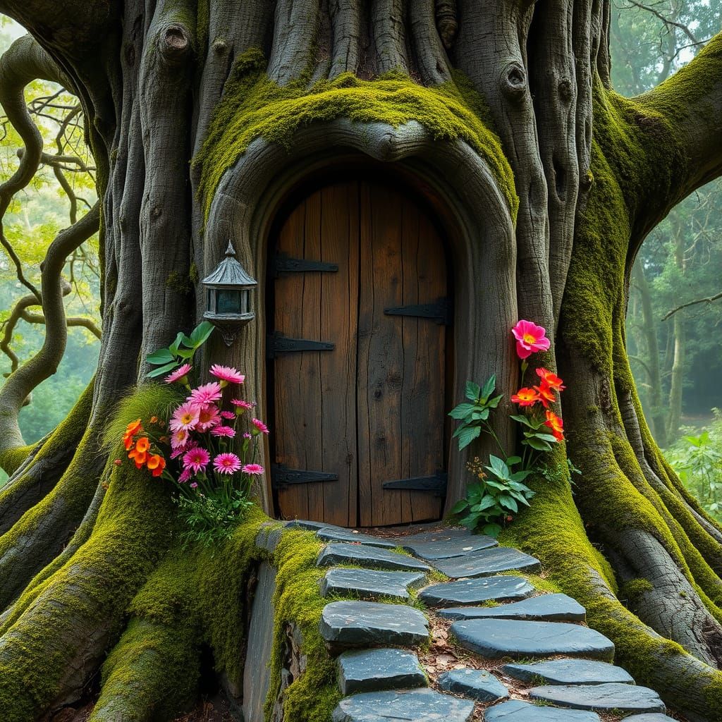 Rustic Door on Ancient Tree with Wild Flowers