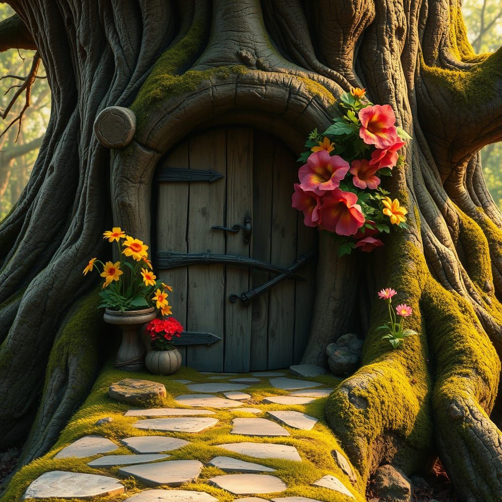 Mystical Tree Door with Flowers, Digital Art
