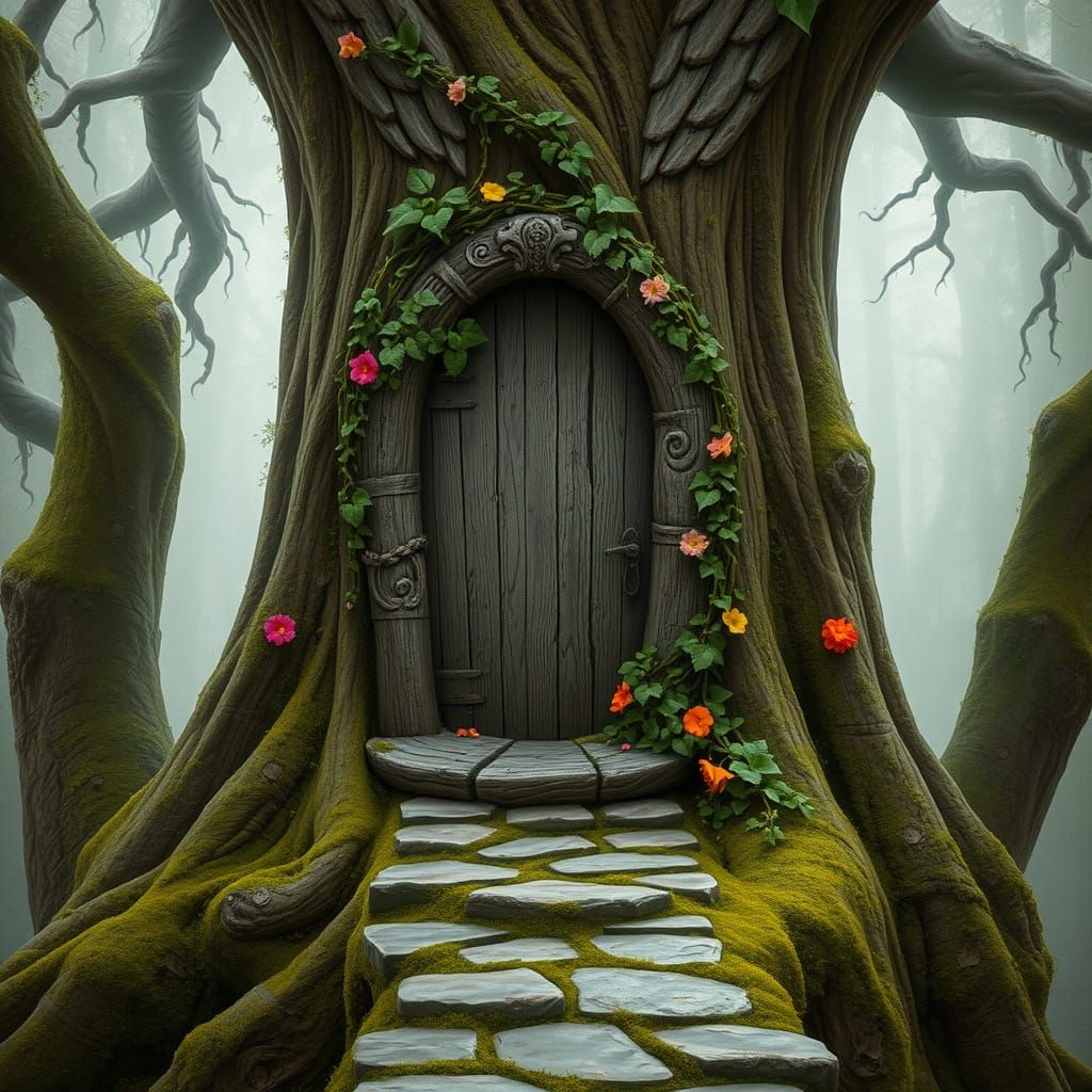 Mystical Tree Door with Flowers and Vines