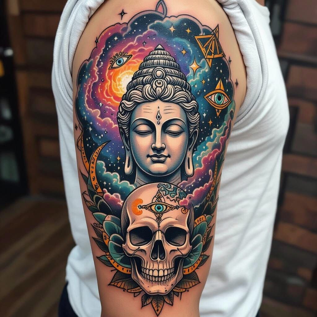 Cosmic Tattoo Design: God, Skull, Trading & Illuminati Motif...