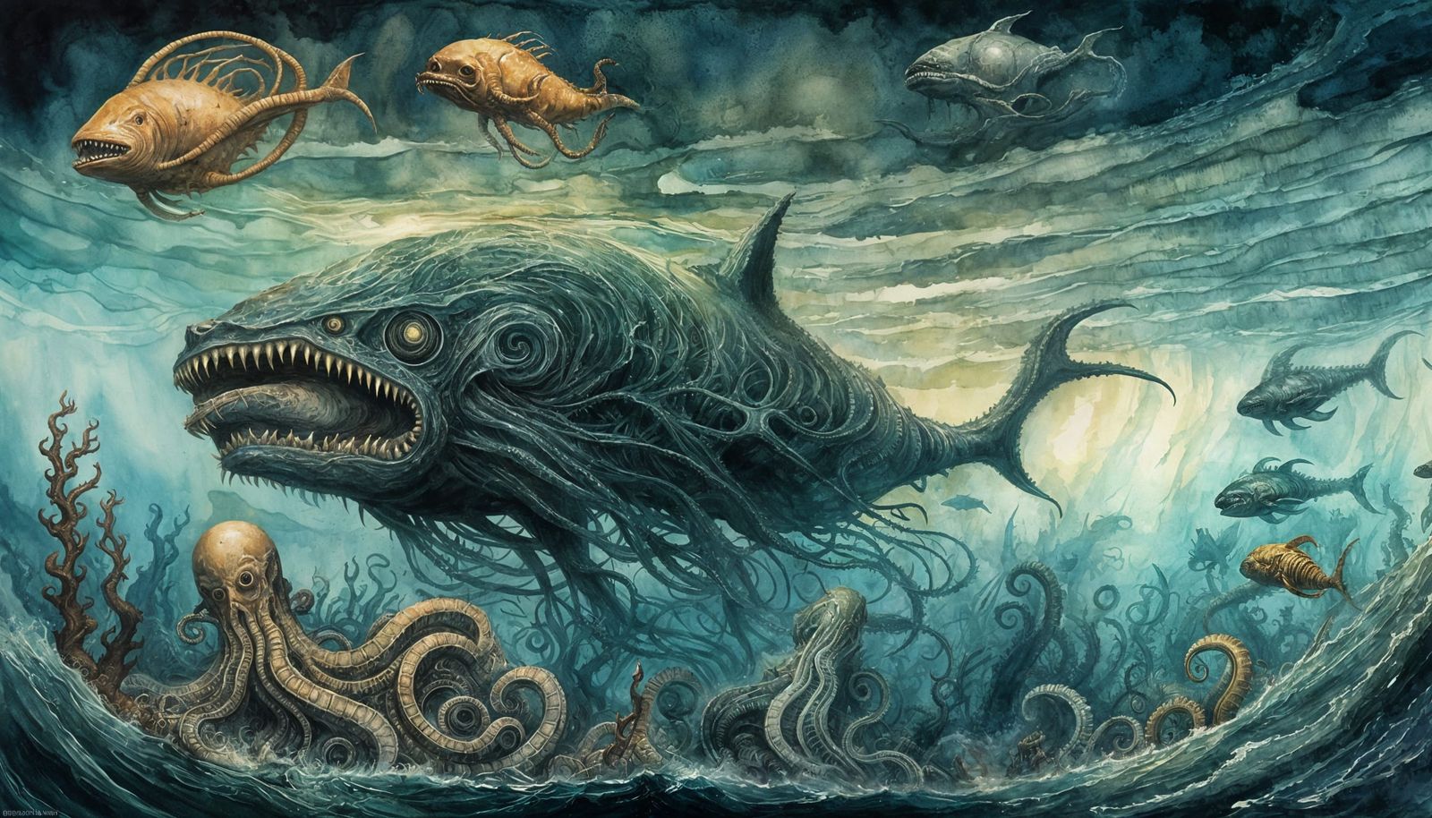 Lovecraftian Undersea World in Watercolor