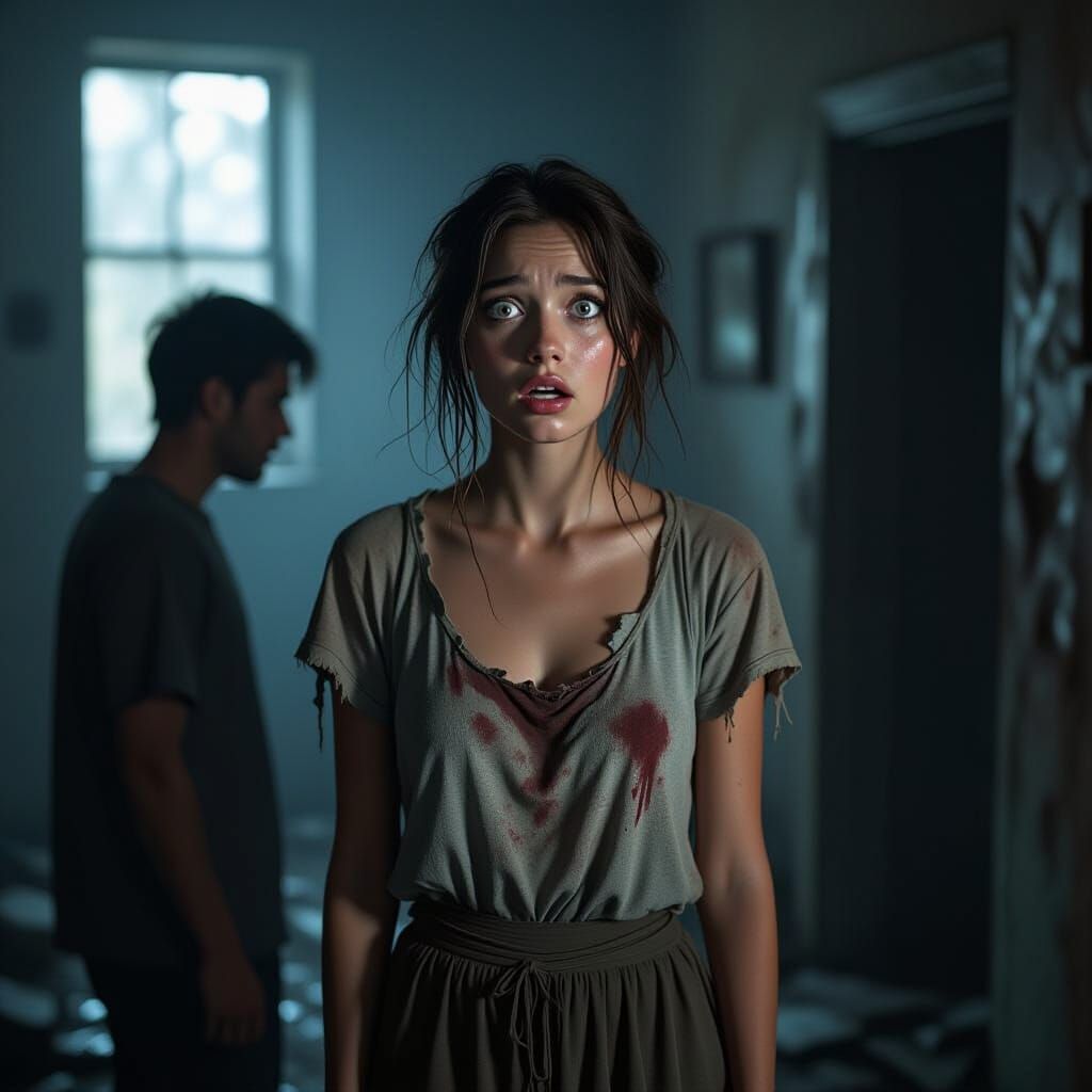 Shocked Woman in Dark Realism Style