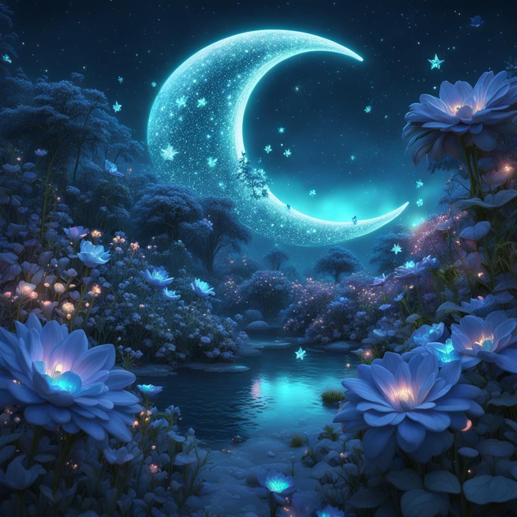Fluorescent crescent crescent moon aqua. Garden with aqua silver navy blue flowers glowing shiny stars