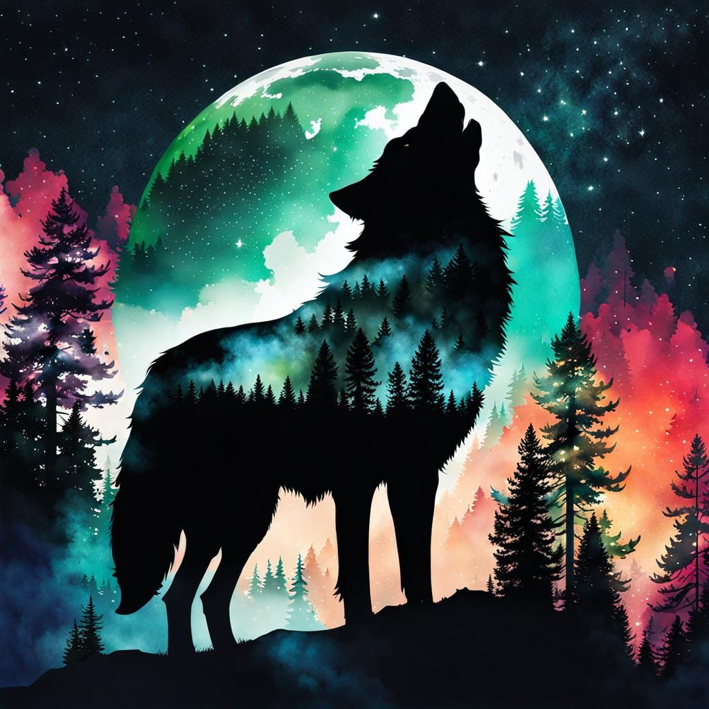 Double Exposure Wolf Head in Watercolor Night Sky