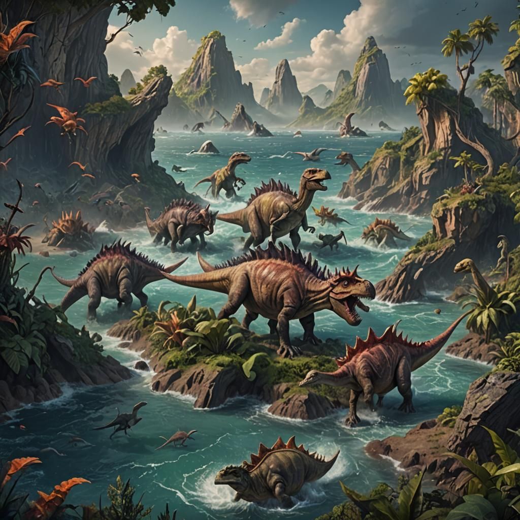 Prehistoric Dinosaurs in a Fantastical Sea
