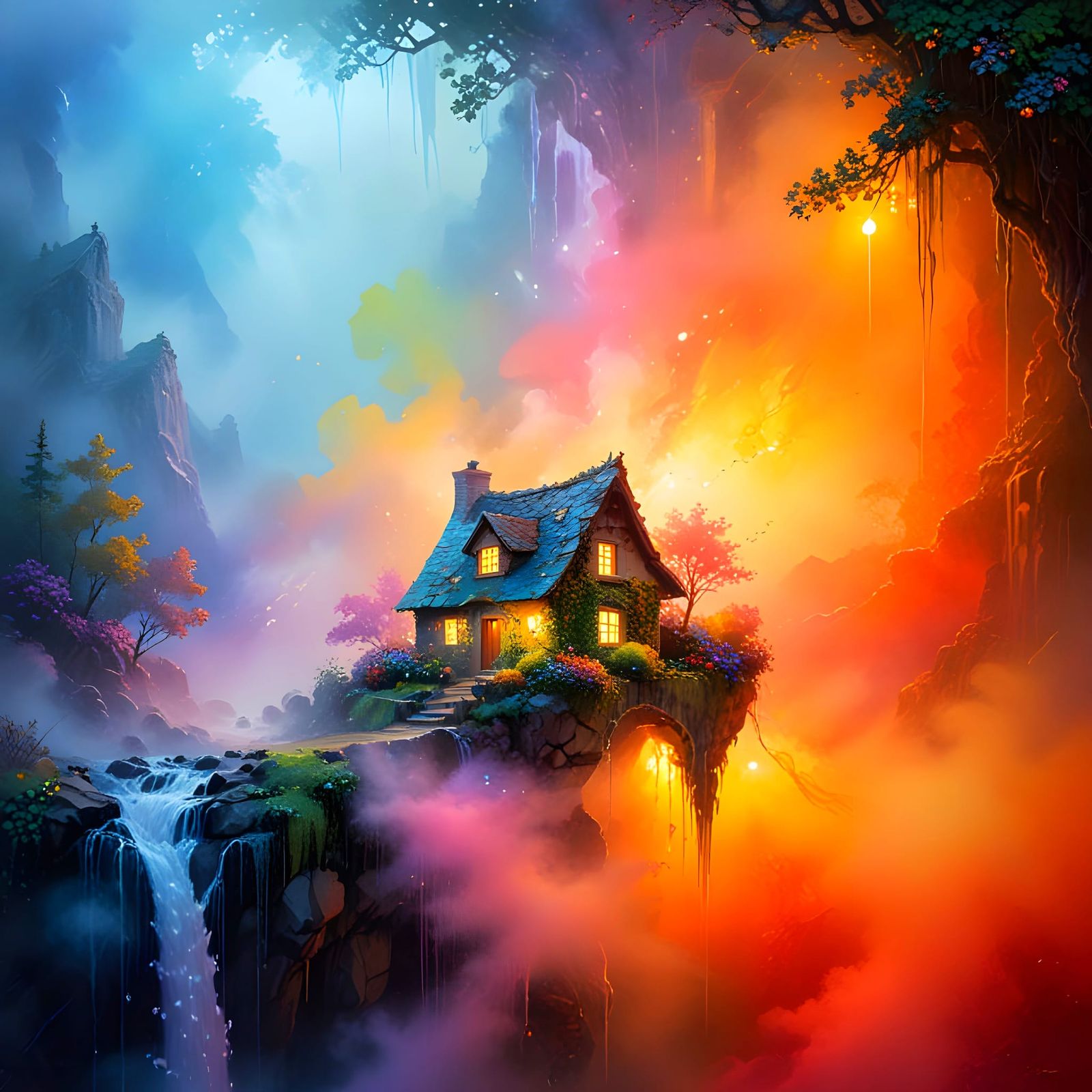 Whimsical Fantasy Cottage Beside Breathtaking Waterfall