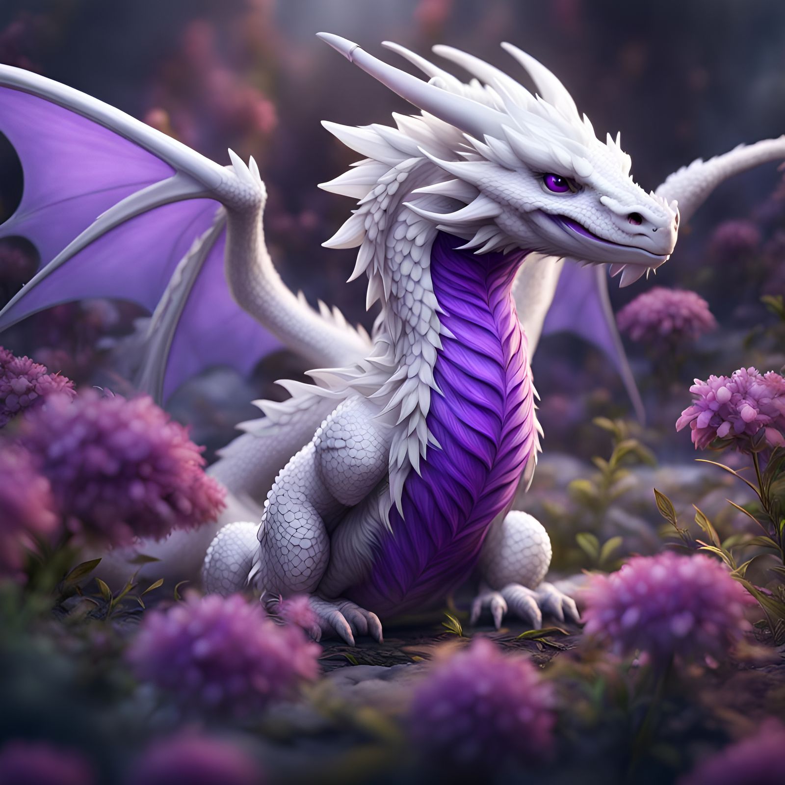 Cute White Dragon with Feathered Wings in Matte Painting