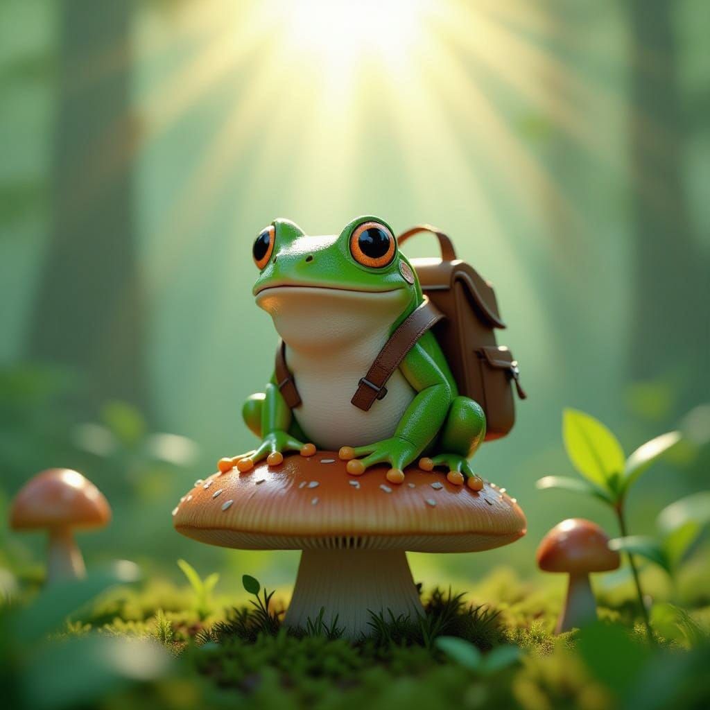 Whimsical Green Frog in Lush Forest Scene