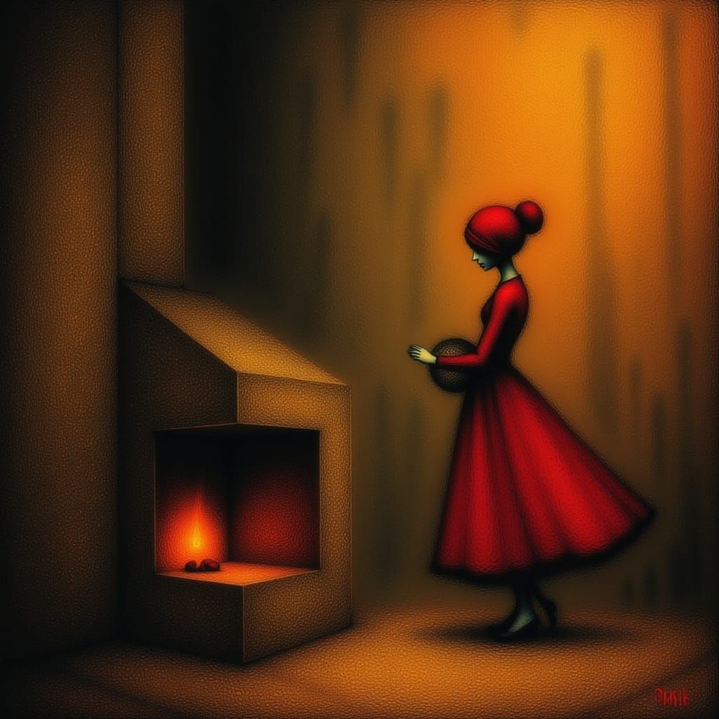 Woman Gazes at Accordion by Fireplace