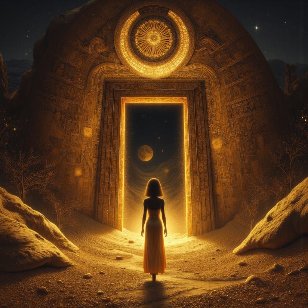 Treasure Hunter in Ancient Egyptian Tomb Ruin at Night