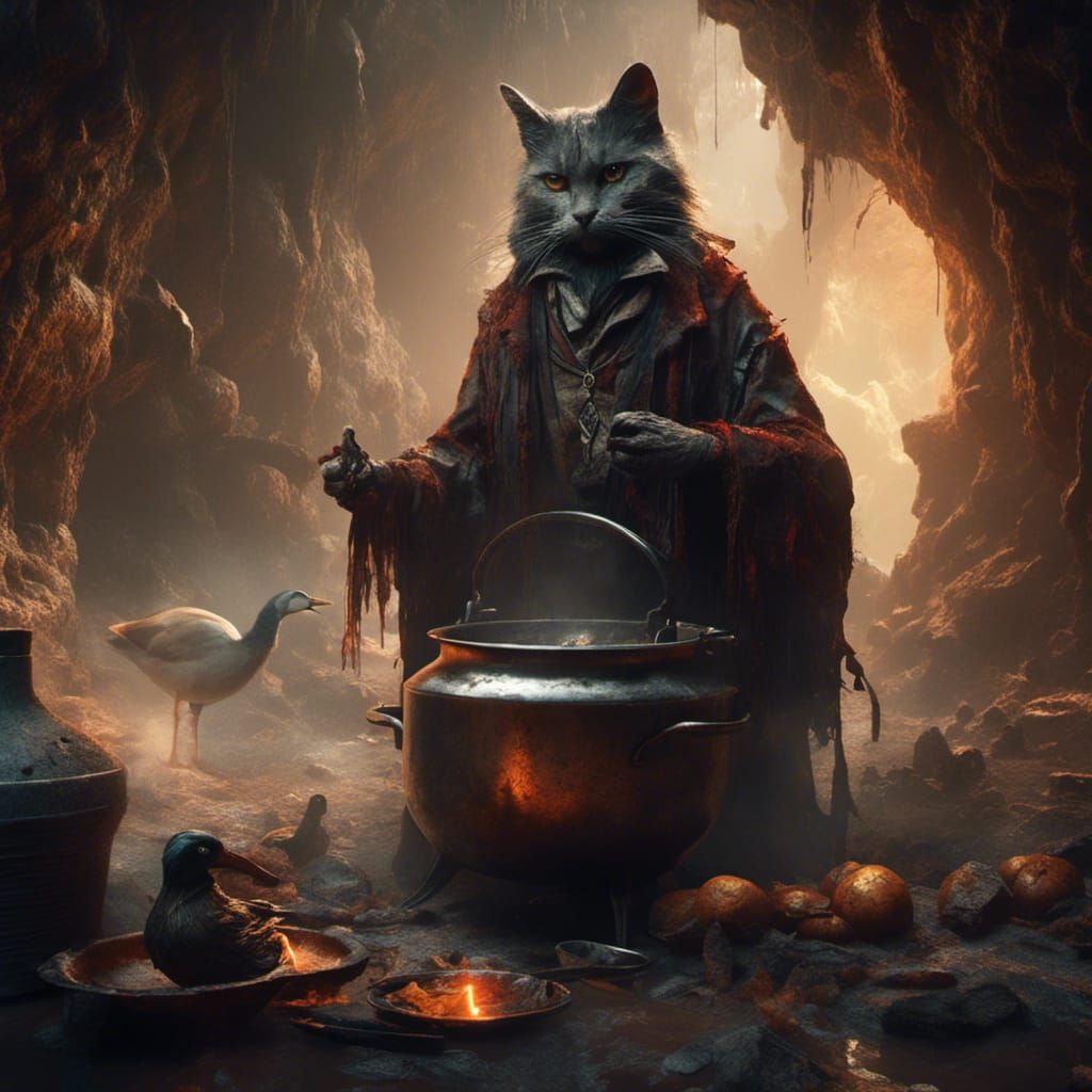 Dark Cat-Headed Wizard's Macabre Duck Stew