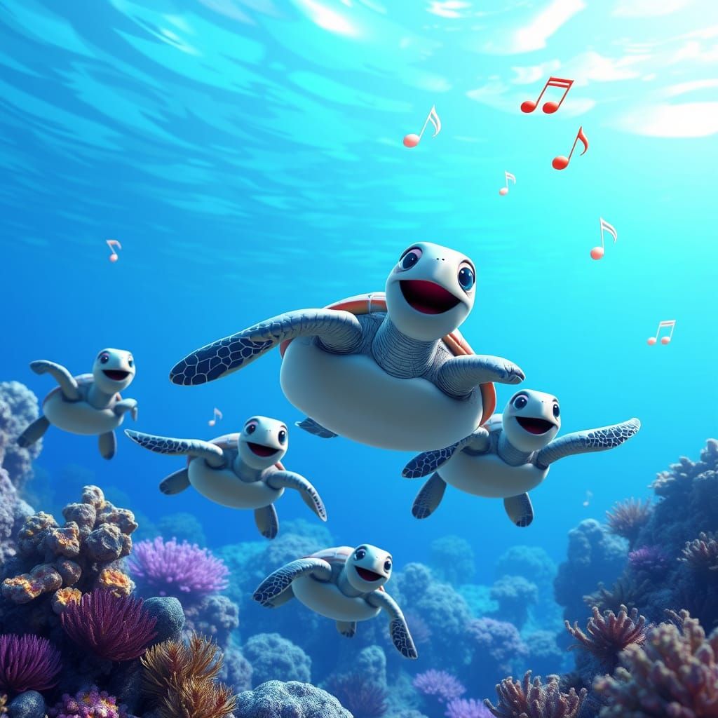 Singing Sea Turtle in Coral Reef: 3D Digital Art