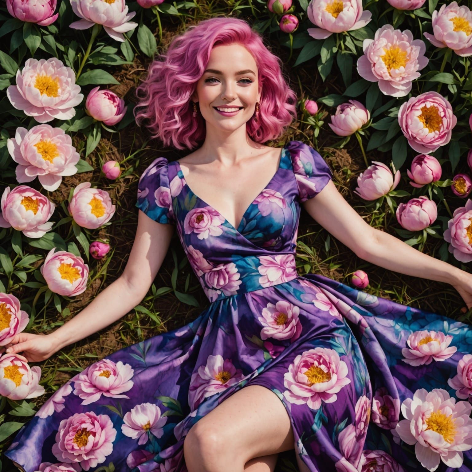 Woman in Peony Field, Alcohol Ink Art