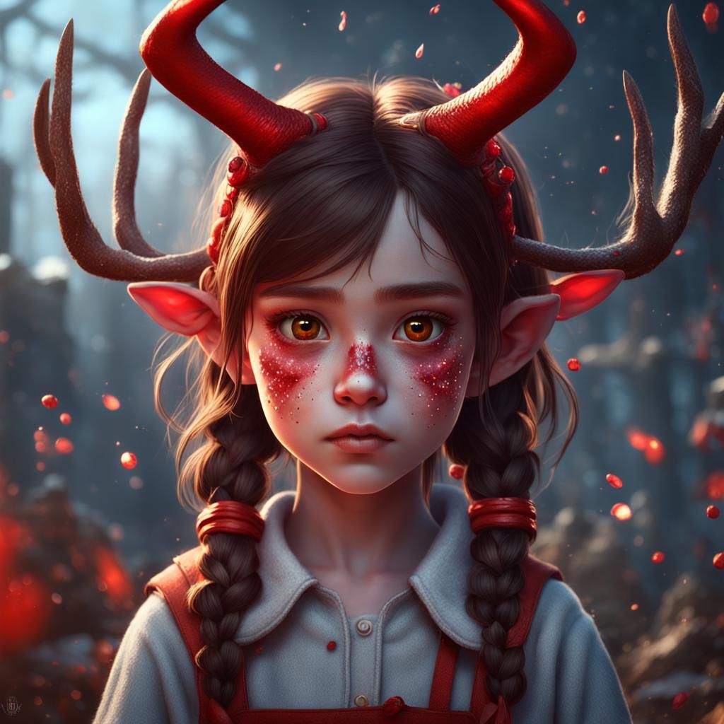 Cute Demon Girl with Red Antlers, Fantasy Art