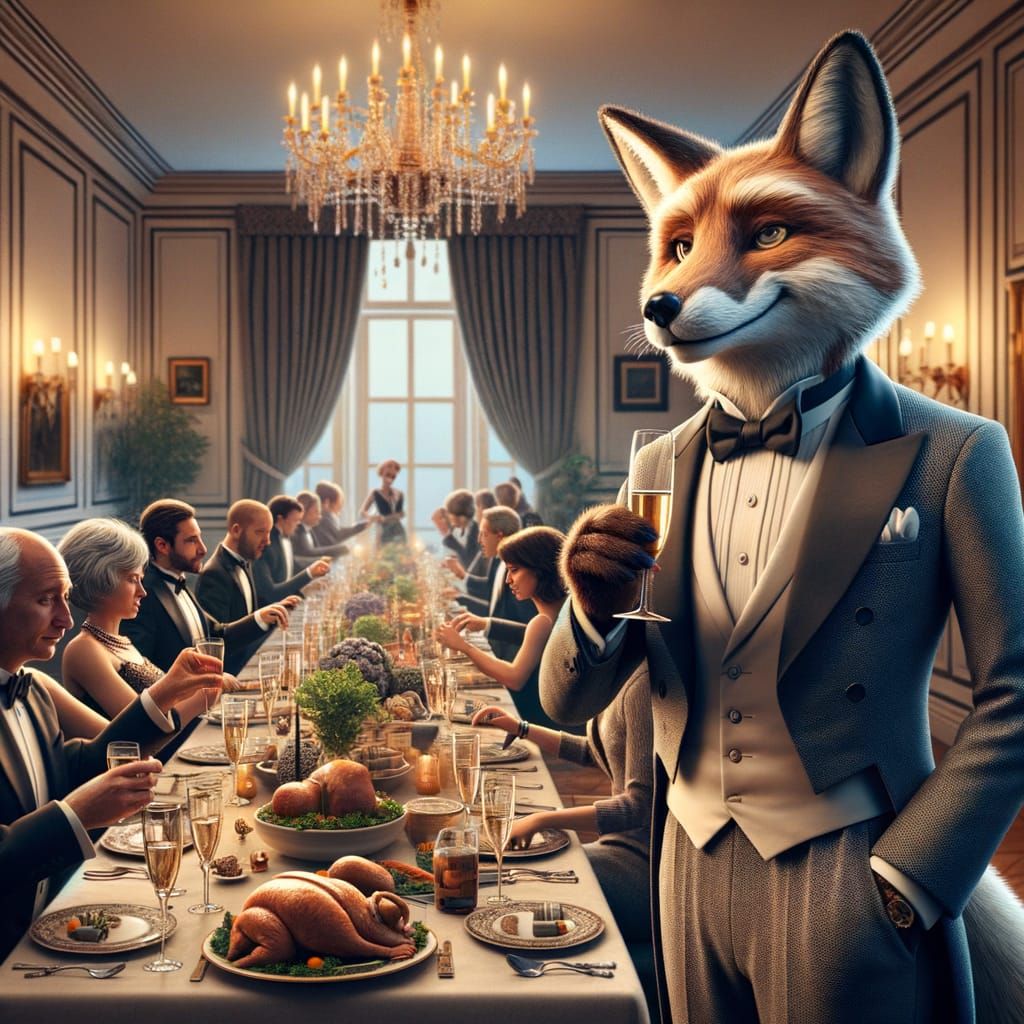 Sophisticated Fox in Tuxedo at Glamorous Dinner Party