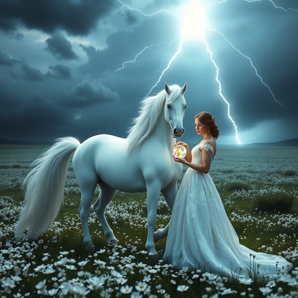 Majestic Unicorn and Princess in a Stormy Meadow