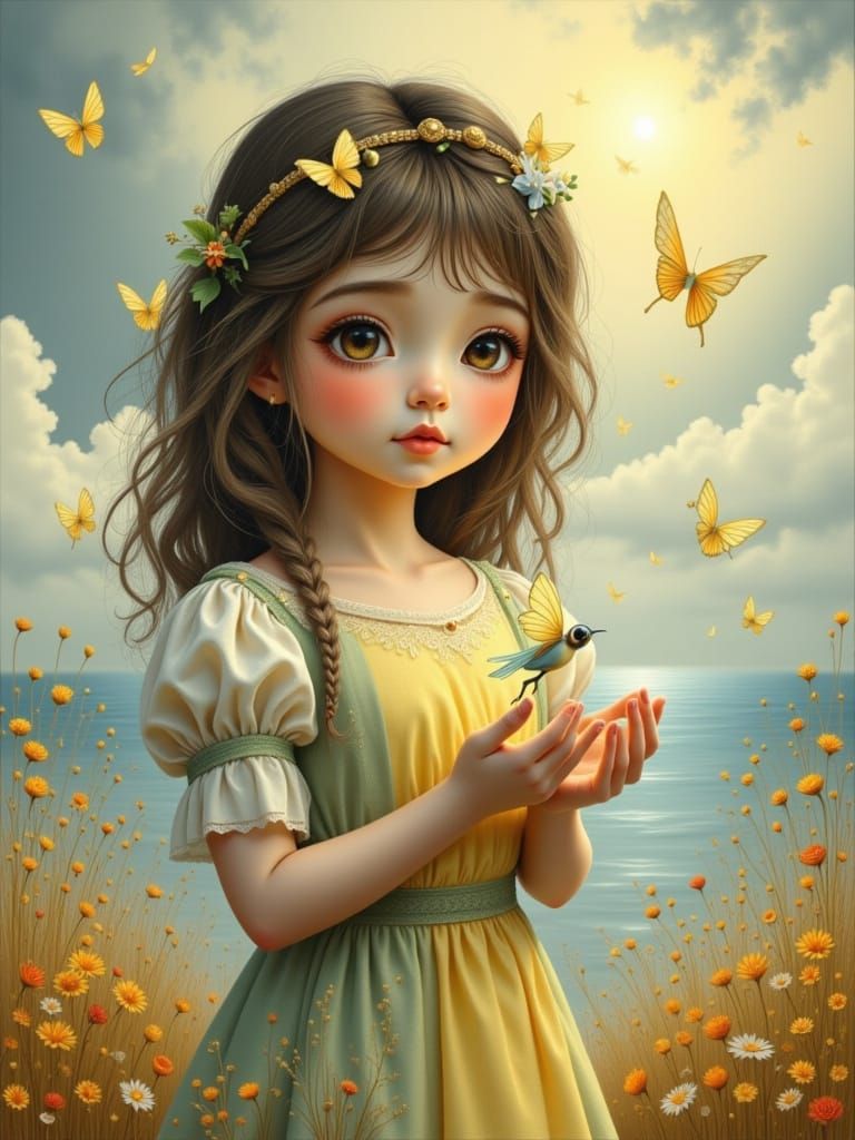 Enchanted Girl with Fairy in Surreal Landscape