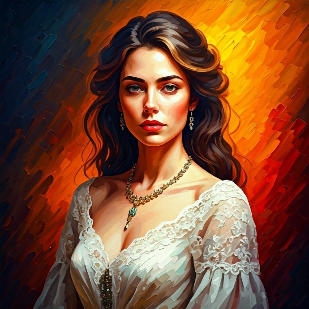 Elegant Woman in Golden Light, Impasto Oil Painting