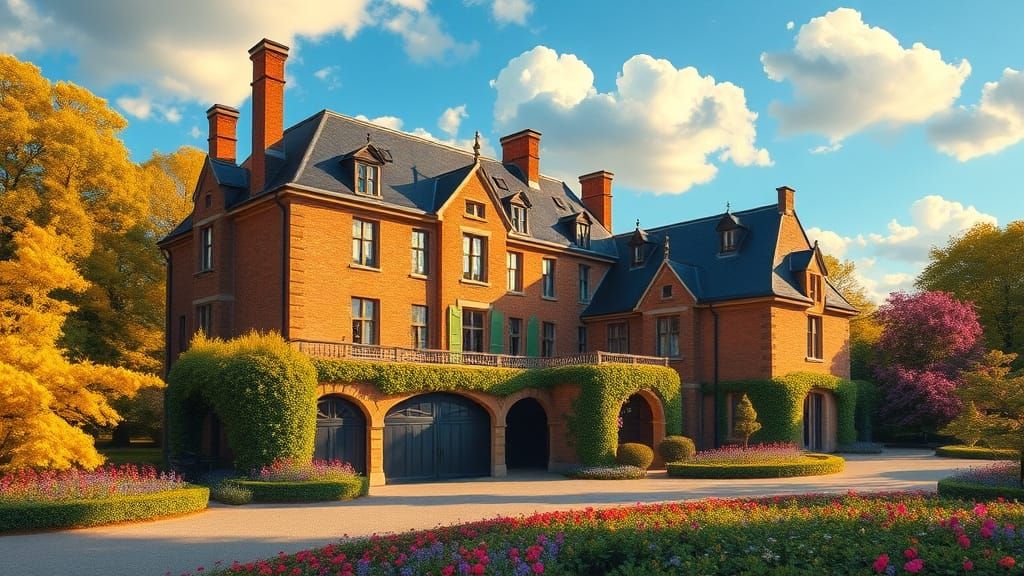 Golden Hour Chateau with Vibrant Garden