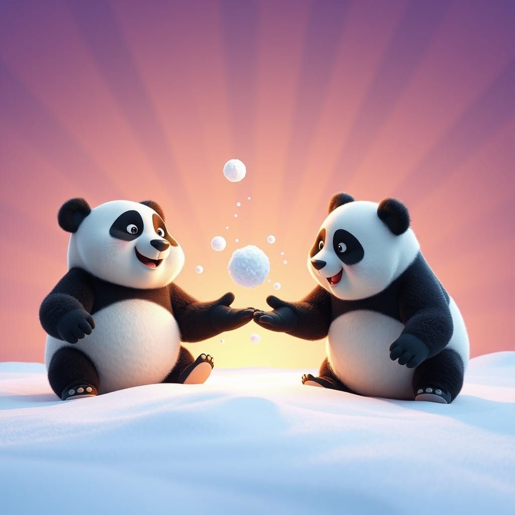Pandas Engage in Winter Snowball Fight in Vibrant Digital Ar...