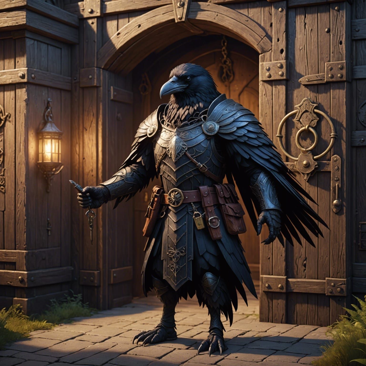 Anthropomorphic Raven Guarding Jail Door in Fantasy Art