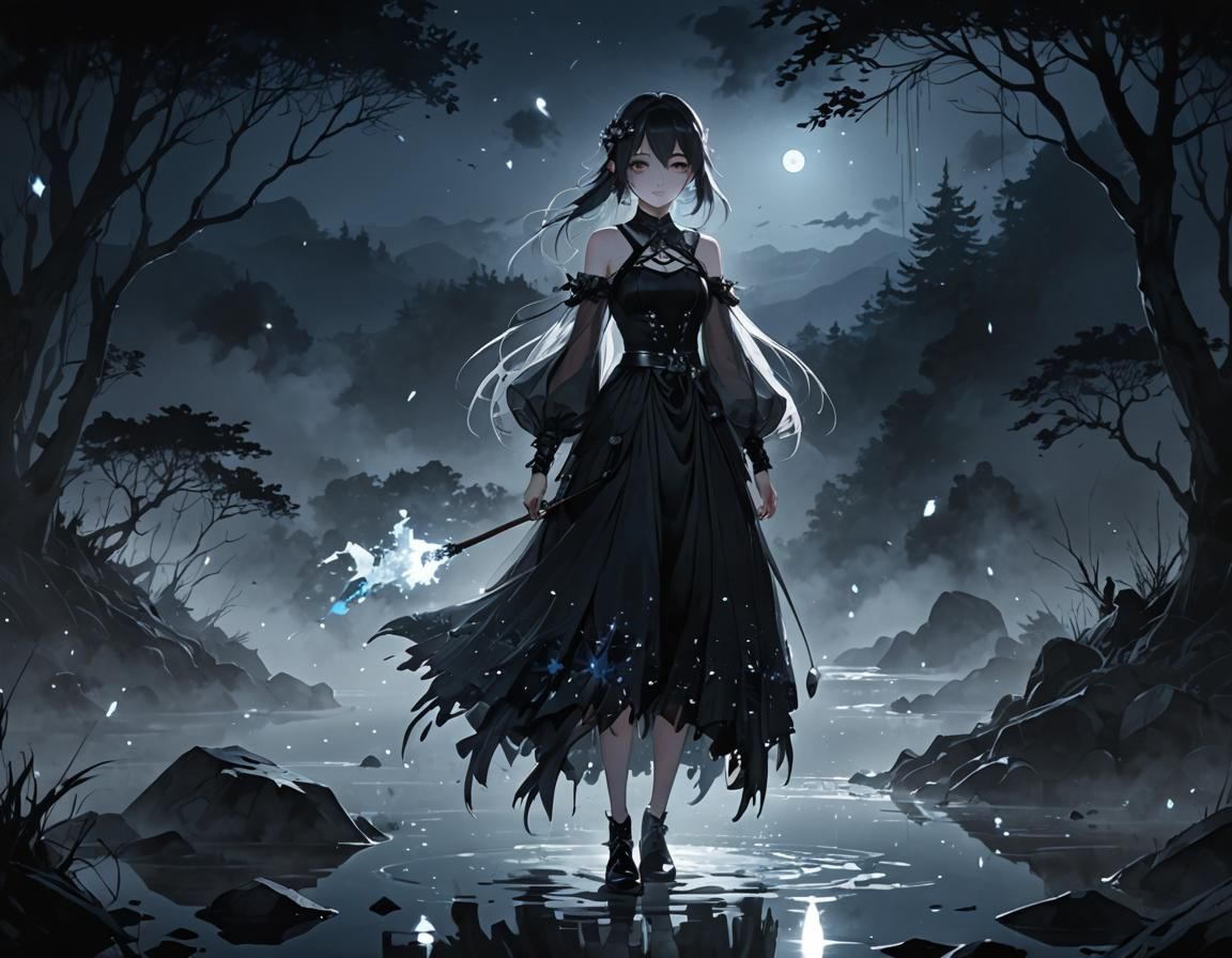 Eerie Night: Anime Art with Crystal Dress