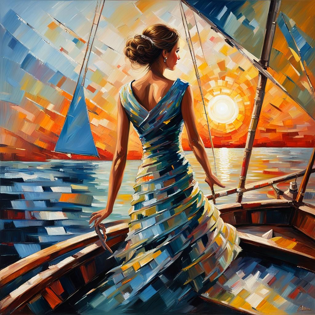 Woman on Sailboat: Abstract Oil Painting with Palette Knife