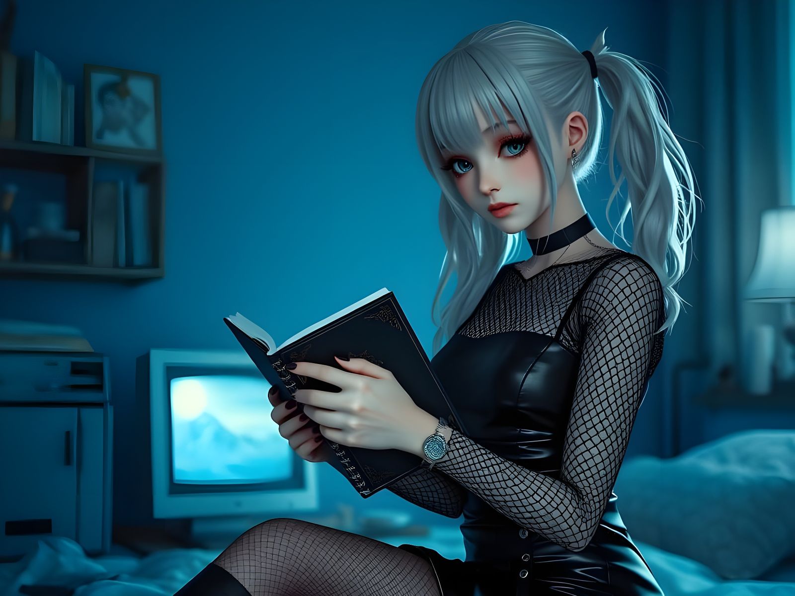 Gothic Misa Amane in Blue Bedroom with Retro Computer