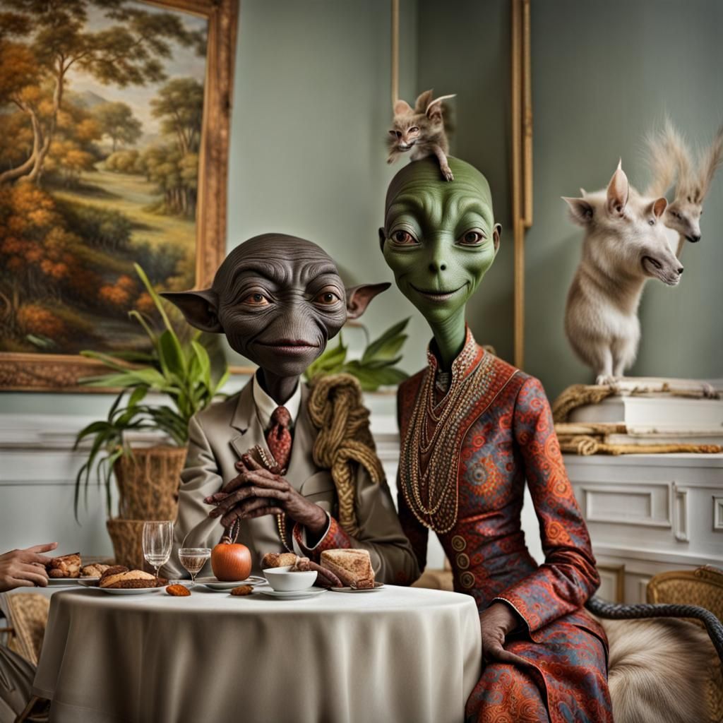 Surreal Restaurant Scene with Beautiful Aliens