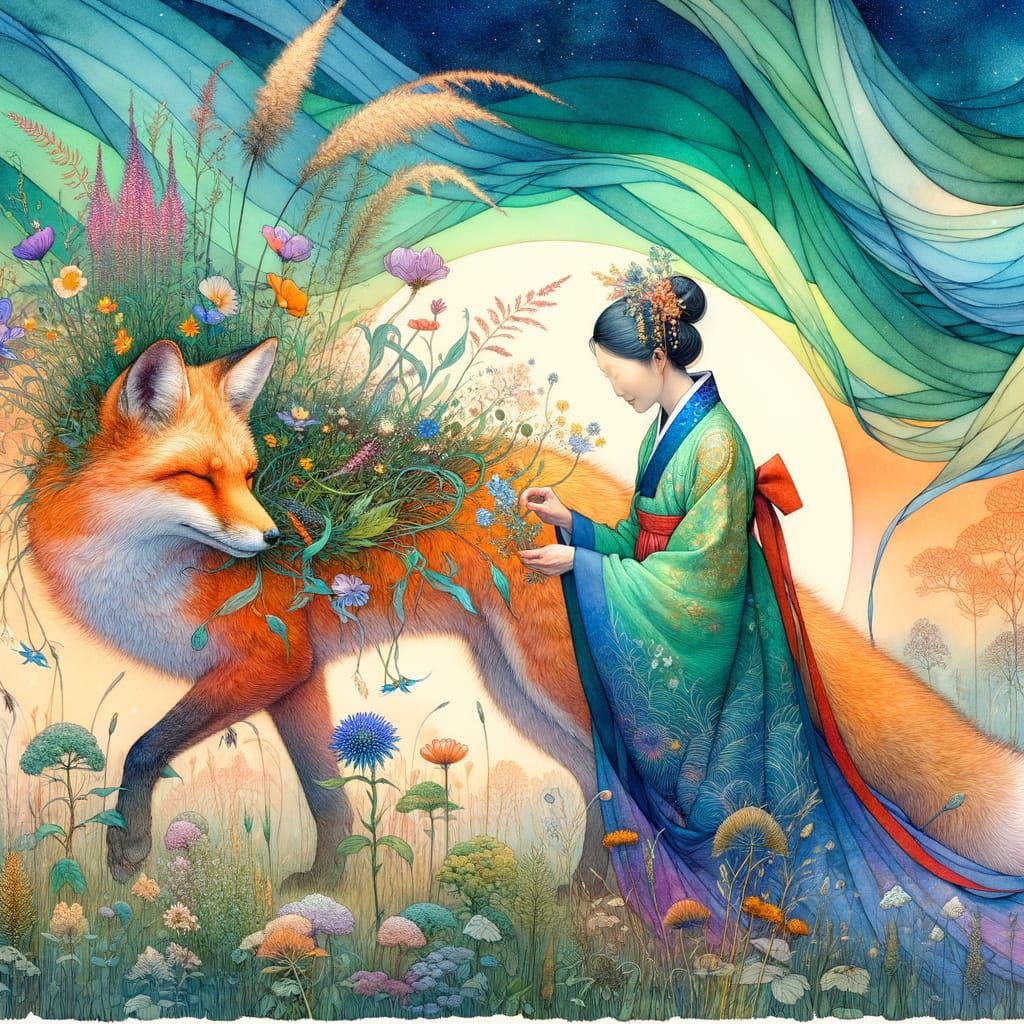 Dreamy Watercolour Enchantment: East Asian Woman and Fox Ami...