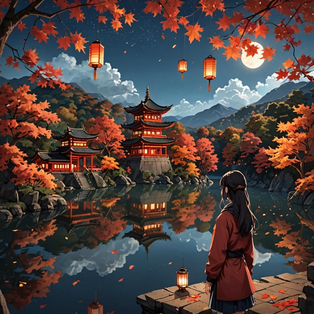 Autumn Night Scene with Pagoda and Waterfall