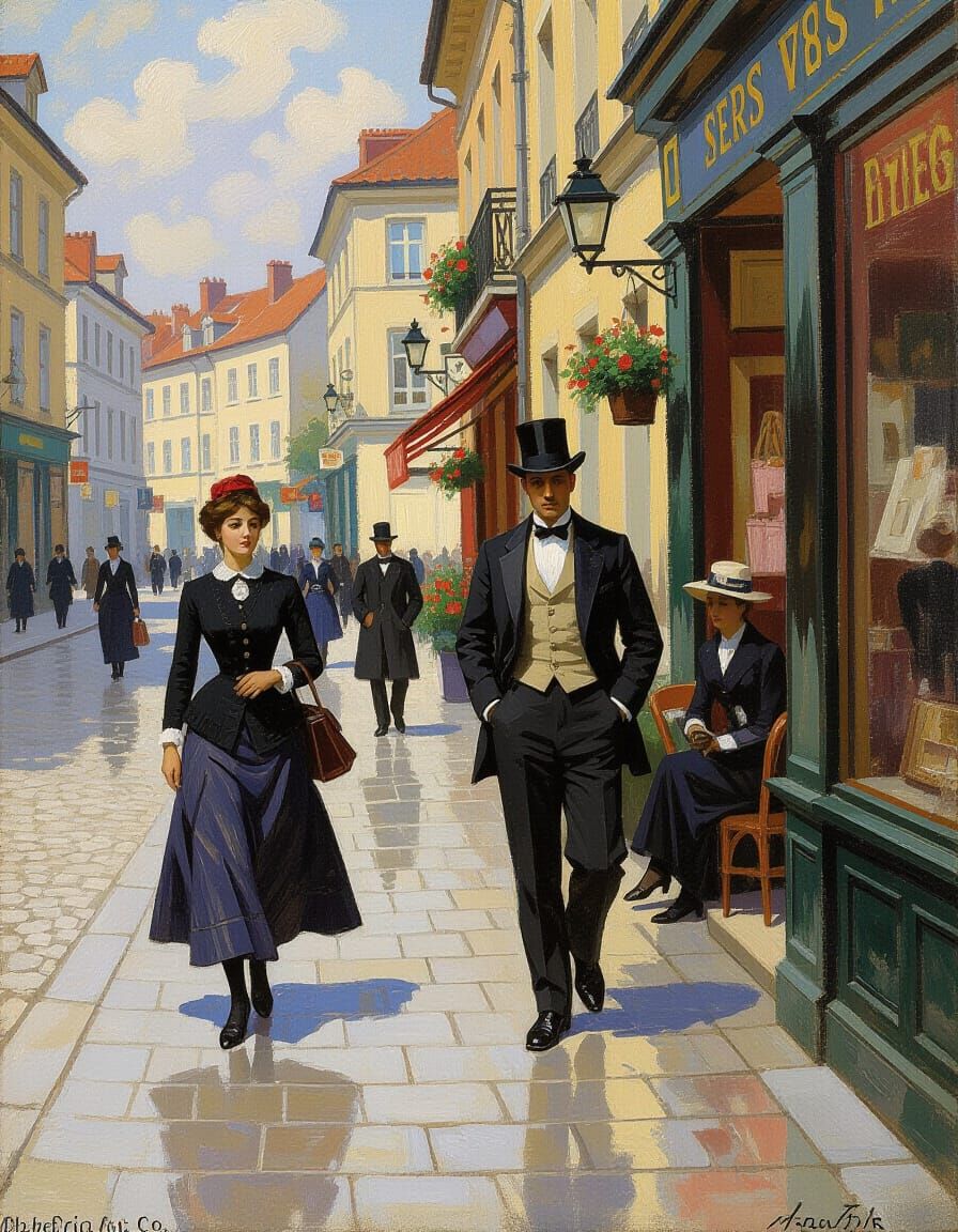 19th Century Street Scene in Impressionist Realist Style