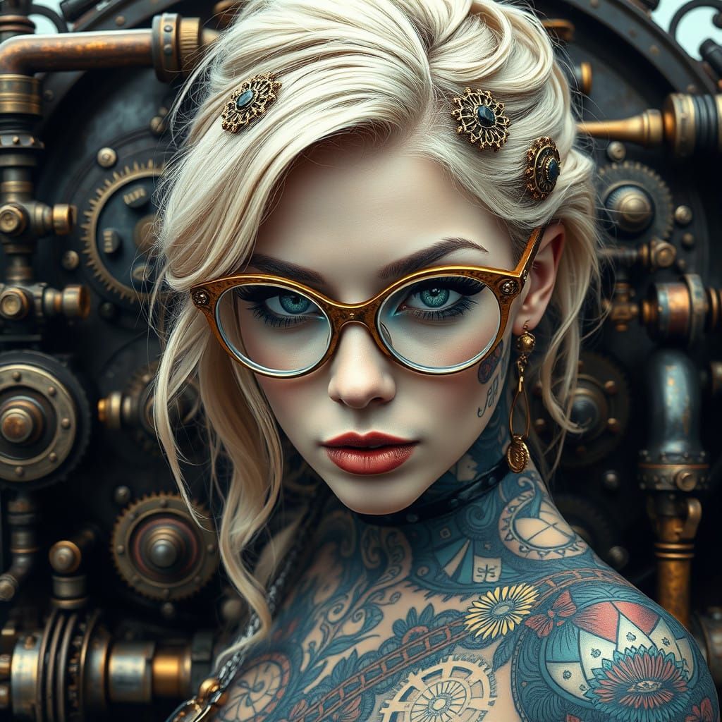 Gothic Steampunk Woman with Intricate Tattoos and Brass Gogg...