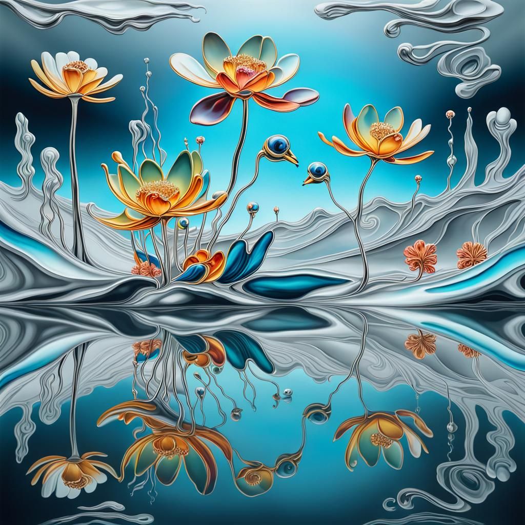 Surreal Crystal Flowers on Silver Lake with Glassy Birds
