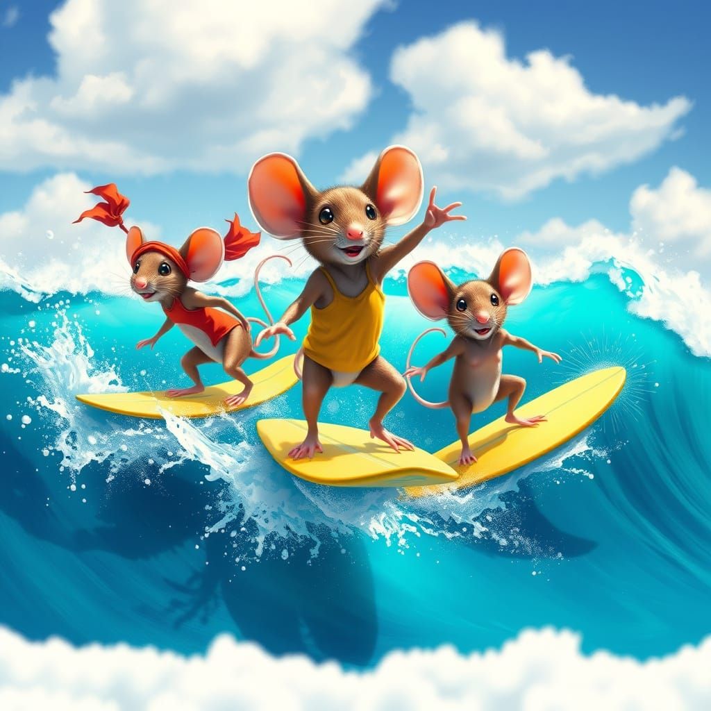 Surreal Surfing Mice in Vibrant Pipeline Waves